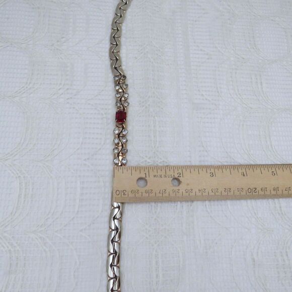 Vintage Silver Toned C-Link Statement Necklace with Red and Clear Rhinestones - Picture 6 of 9